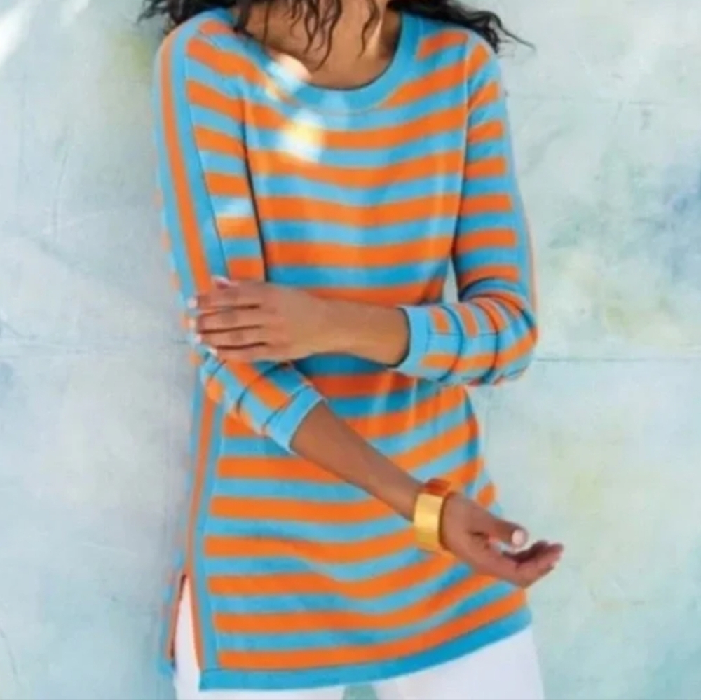 Soft Surroundings Blue and Orange Striped Sweater